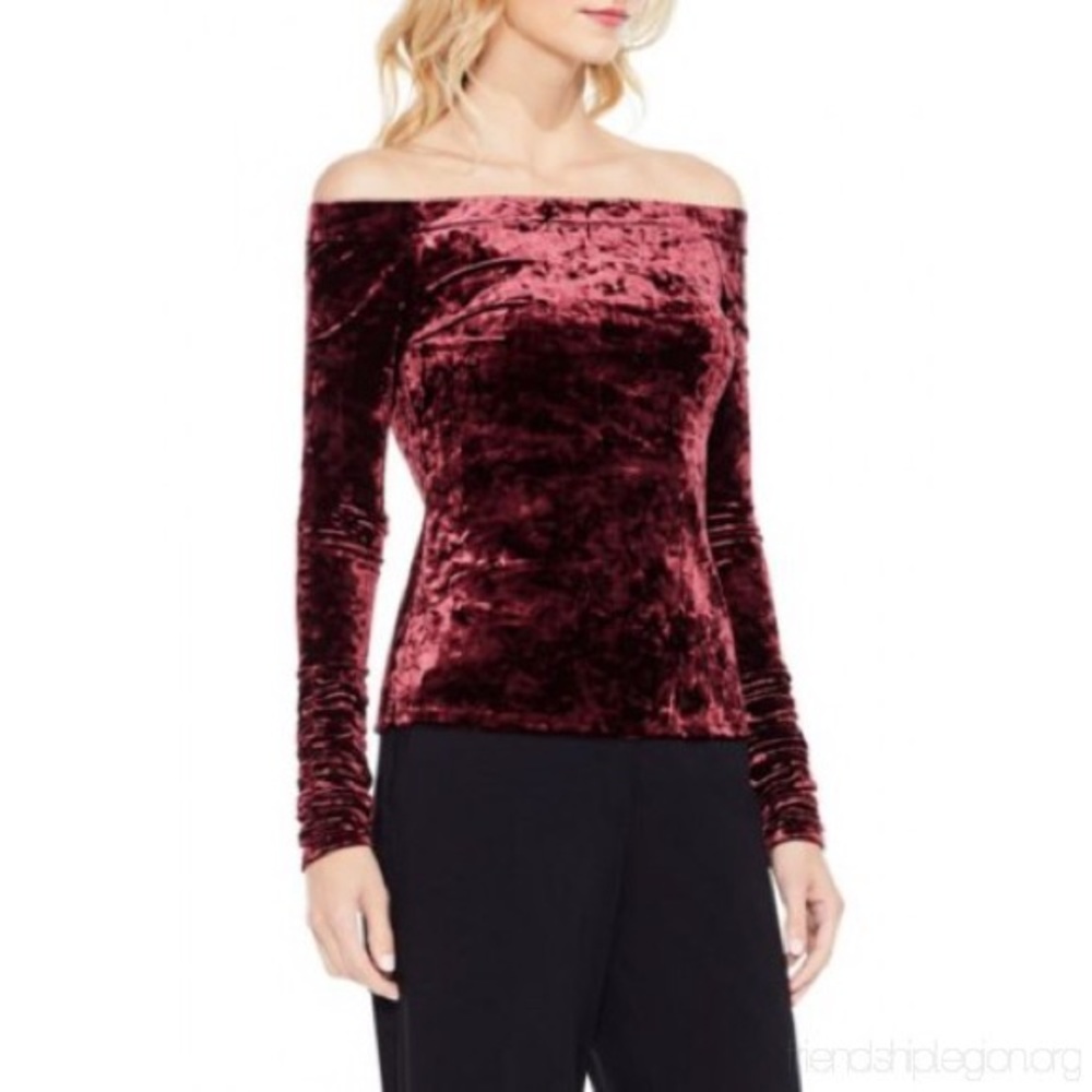 NWT Vince Camuto Burgundy Crushed Velvet Off Shoulder Top Size L